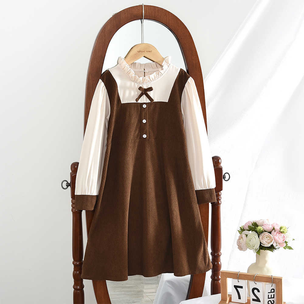 New Autumn College Style Coee Colored Casual Le Long Sleeved Bow Dress for Girls and Teenagers Aged 8-12 Korean Version S261016JNO7
