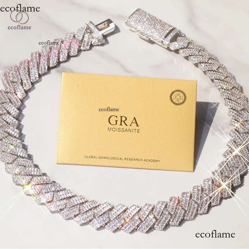 GRA Baguettes Moissanite Dia 20mm Wide Solid Sier With Cuban Link Chain for Mens Rapper Hip Hop Necklace