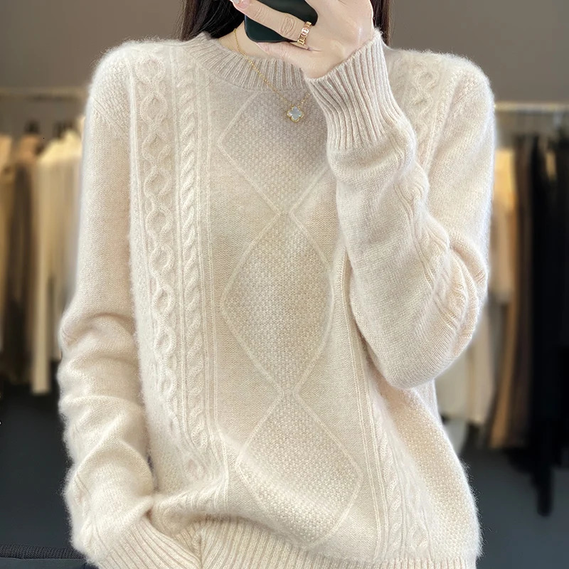 100 Cashmere Sweater Women's Half Turtle Collar Jacquard Long Sleeve Loose Thickened Autumn and Winter Casual Knitted B 261009