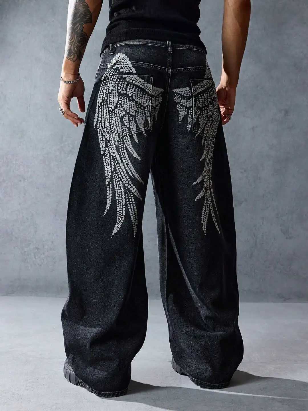 Men's Jeans Y2K Men Black Trend Dressing Up Korean Style Simple Baggy Angel Printed Jeans 2025 Fashion Necessary Solid Retro Straight PantsT261