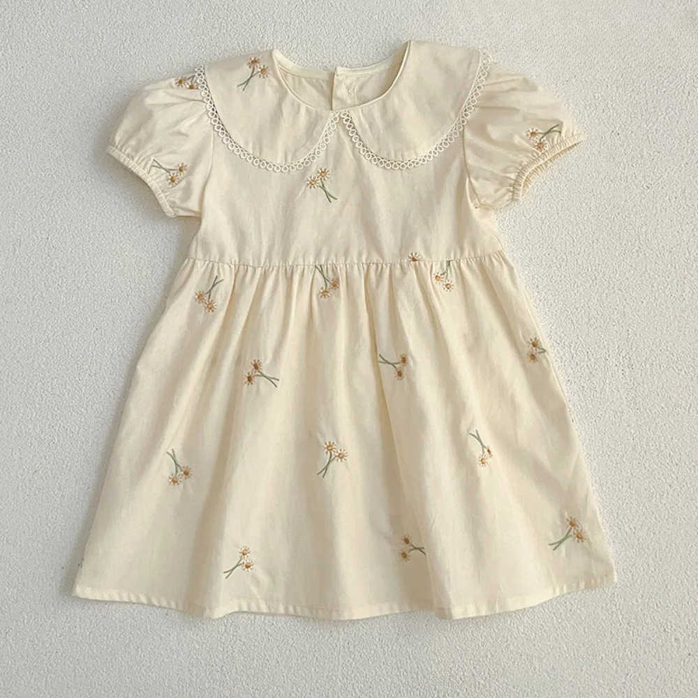 Beige Summer Sweet and Cute Doll Collar Bubble Sleeves Flower Embroidery Princess Dress for Girls Casual Clothes Korean Version S261016GZMB