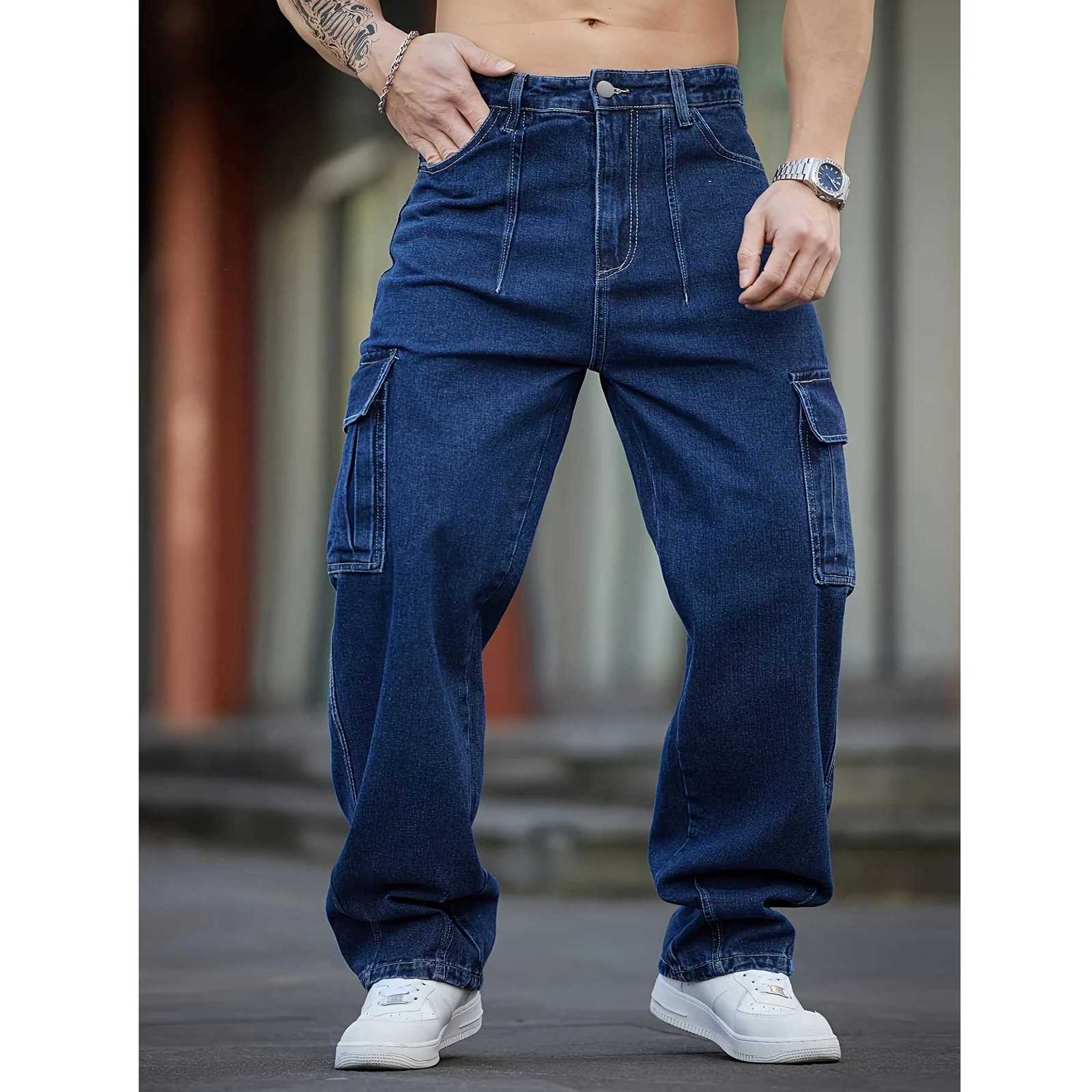 Men's Jeans Men's Deep Blue Washed Denim Workwear Jeans Casual Multiple Pockets Design Loose Wide Leg Trousers Y2K Style Cargo PantsT26101