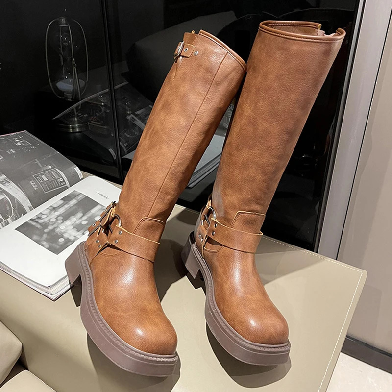 Women Knee High Biker Boots Buckle Strap Platform Chunky Heel Faux Leather Round Toe Fall Winter Fashion Boots Shoes for Ladies 261016