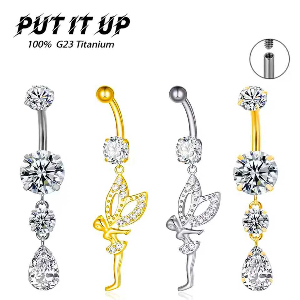 F136 Titanium Alloy Teardrop Zirconia Pendant Navel Stud Fairy Elf Curved Bar Banana Ring Waist and Abdomen Piercing Jewelry Q261016