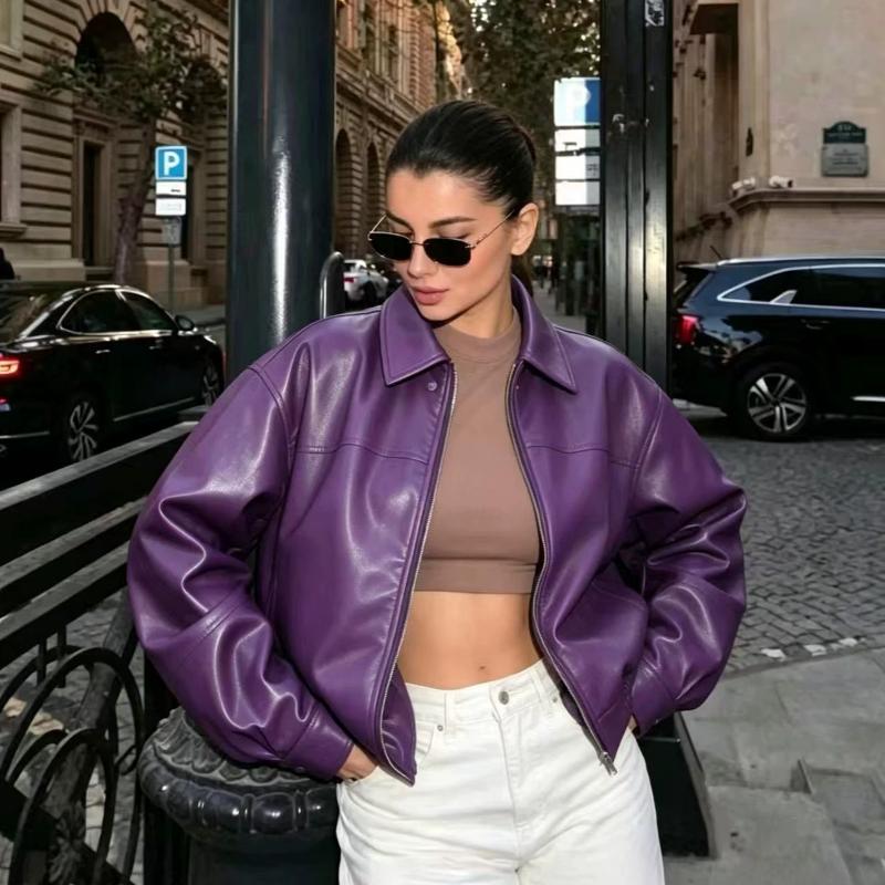 2026 Designer New Fall Women's Faux Leather Cropped Jacket, Solid Color Vintage Zip Long Sleeve Casual Streetwear Coat