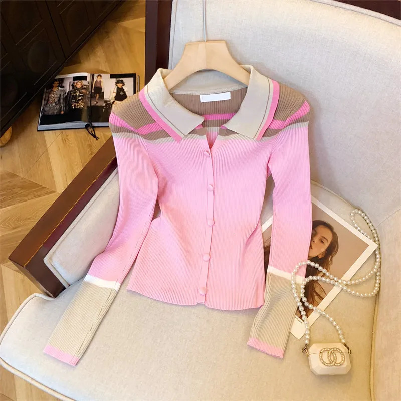 Elegant Pink Blazer Style Knit Top Soft Fitted Cardigan Contrast Collar Versatile Chic Office Wear for Early Fall 261015
