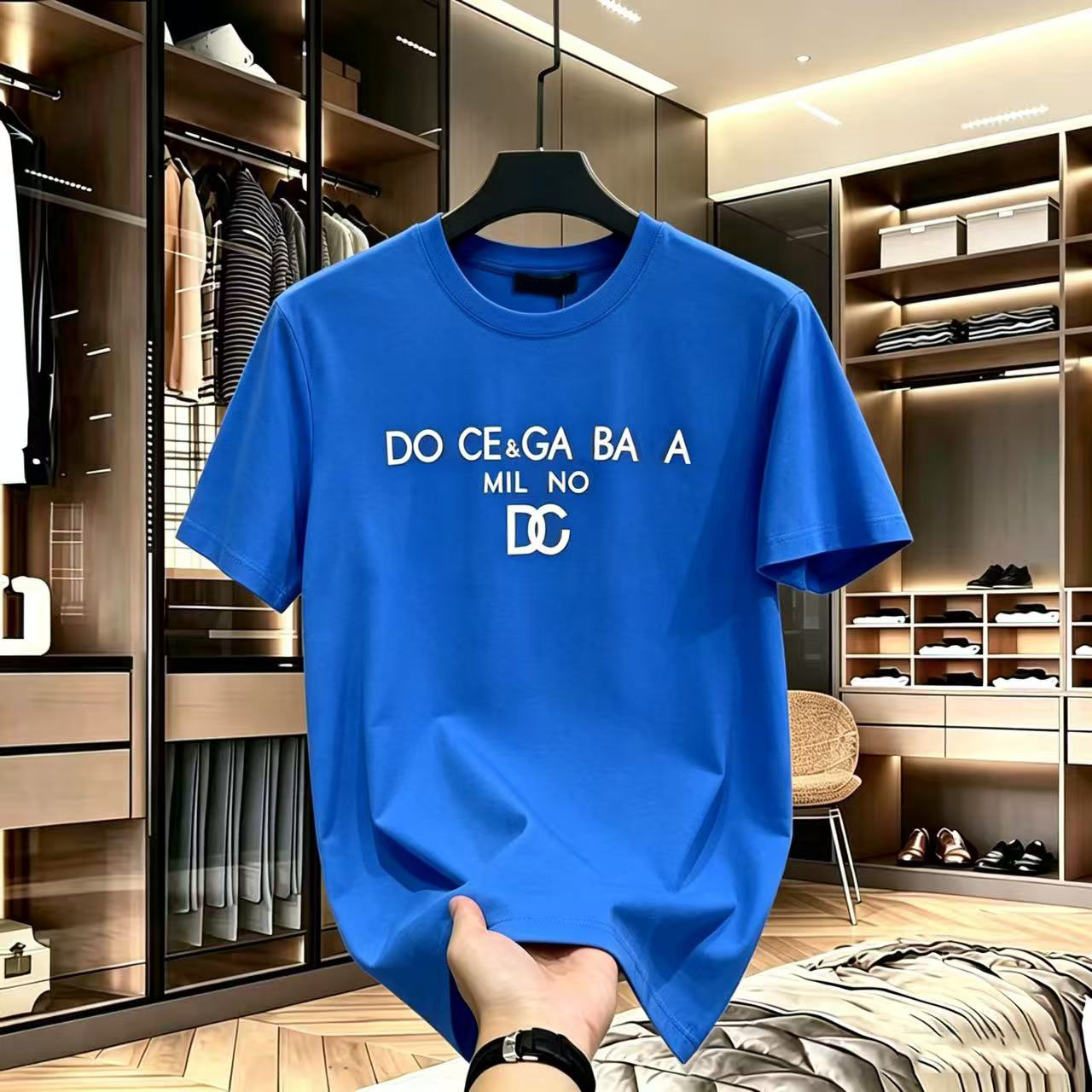 Men Crew Neck Short Sleeve T-shirt, Blue Solid Top With Front Letter Graphic Print, Soft Cotton Fabric, Loose Fit Casual Daily Wear, Men Basic Tee