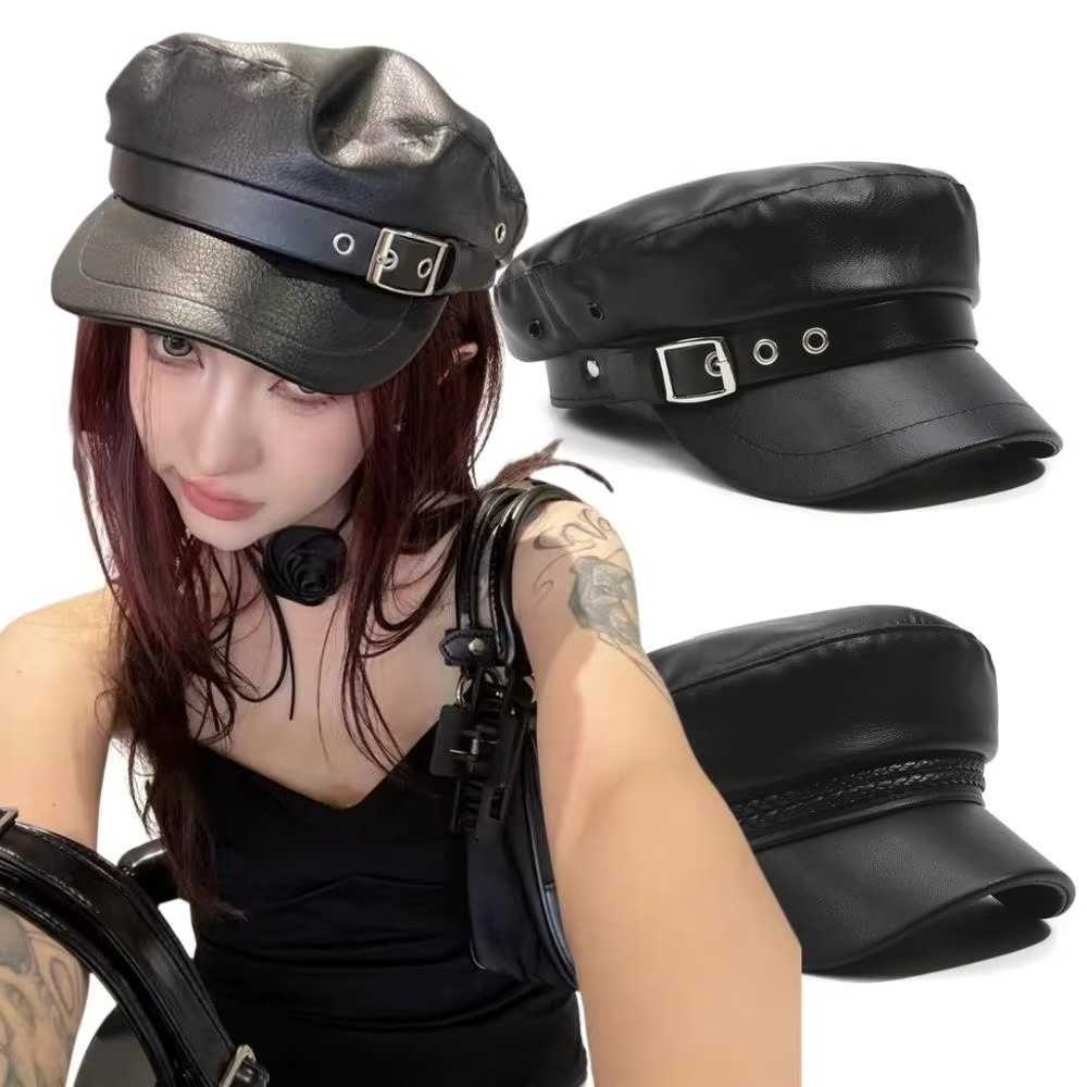 Flat Classic Top Beret Hat Black PU Leather Sailor Visor Hat Punk Style Adjustable Painter Hat S261016E3I2