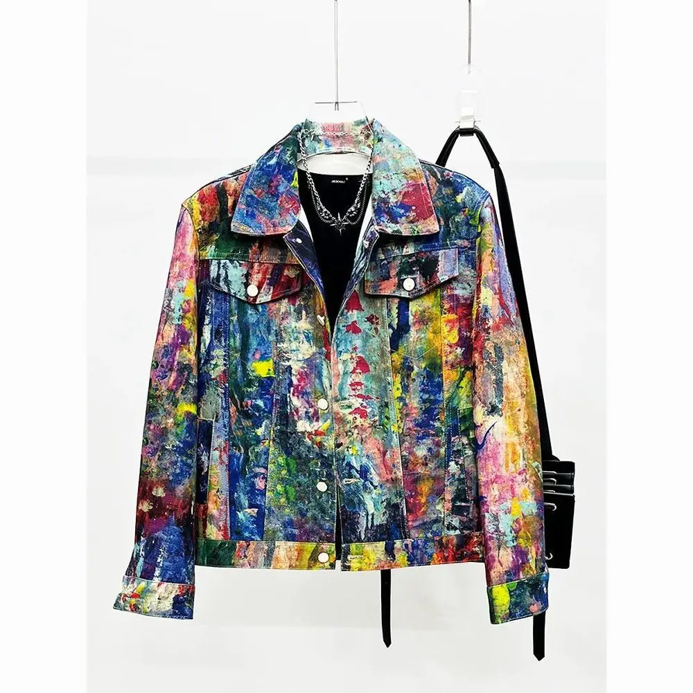 Jackets Y2K Spring Autumn Denim Jacket Personality Painting Casual Loose Men's Graffiti Color Fashion Versatile 261012