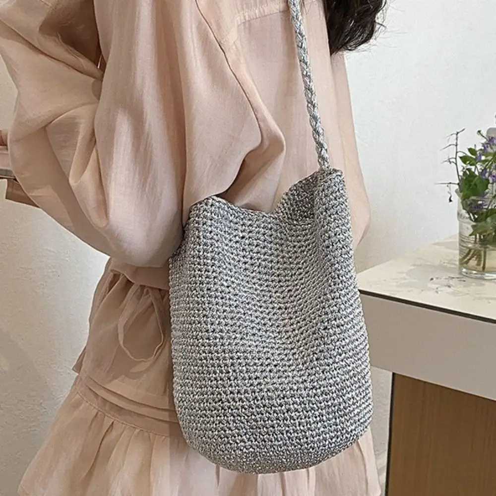 Shoulder Bags Cute Korean Style Woven Bucket Bag Glitter Shiny Thread Braided Crochet Tote Bag Handbag Solid Color Knitted Weave Bag Daily X261016