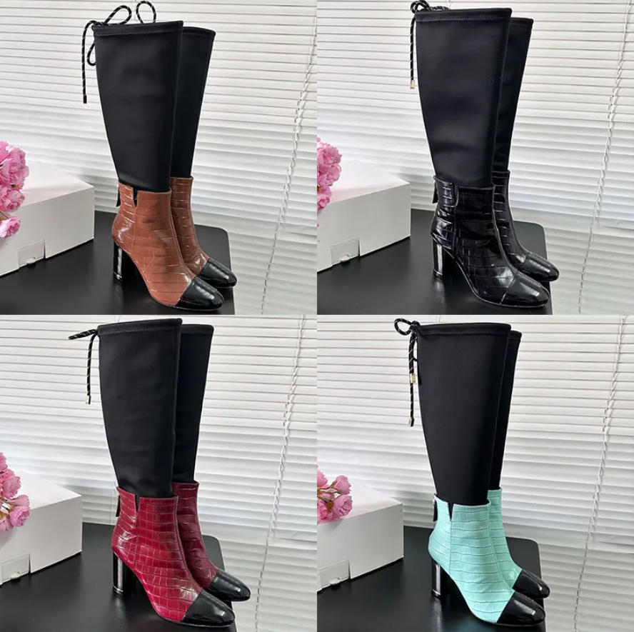 Women High Boots Classic Designer Contrasting Round Toe Knee High Boots Embossed Leather Boots With Lace Up Cuffs Autumn Winter Light Luxury Party F
