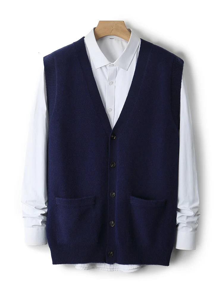 100 Merino Wool Men's Vneck Vest Cardigan Pocket Business Casual Autumn Winter Thick Cashmere Sleeveless Knitted Sweater 260928