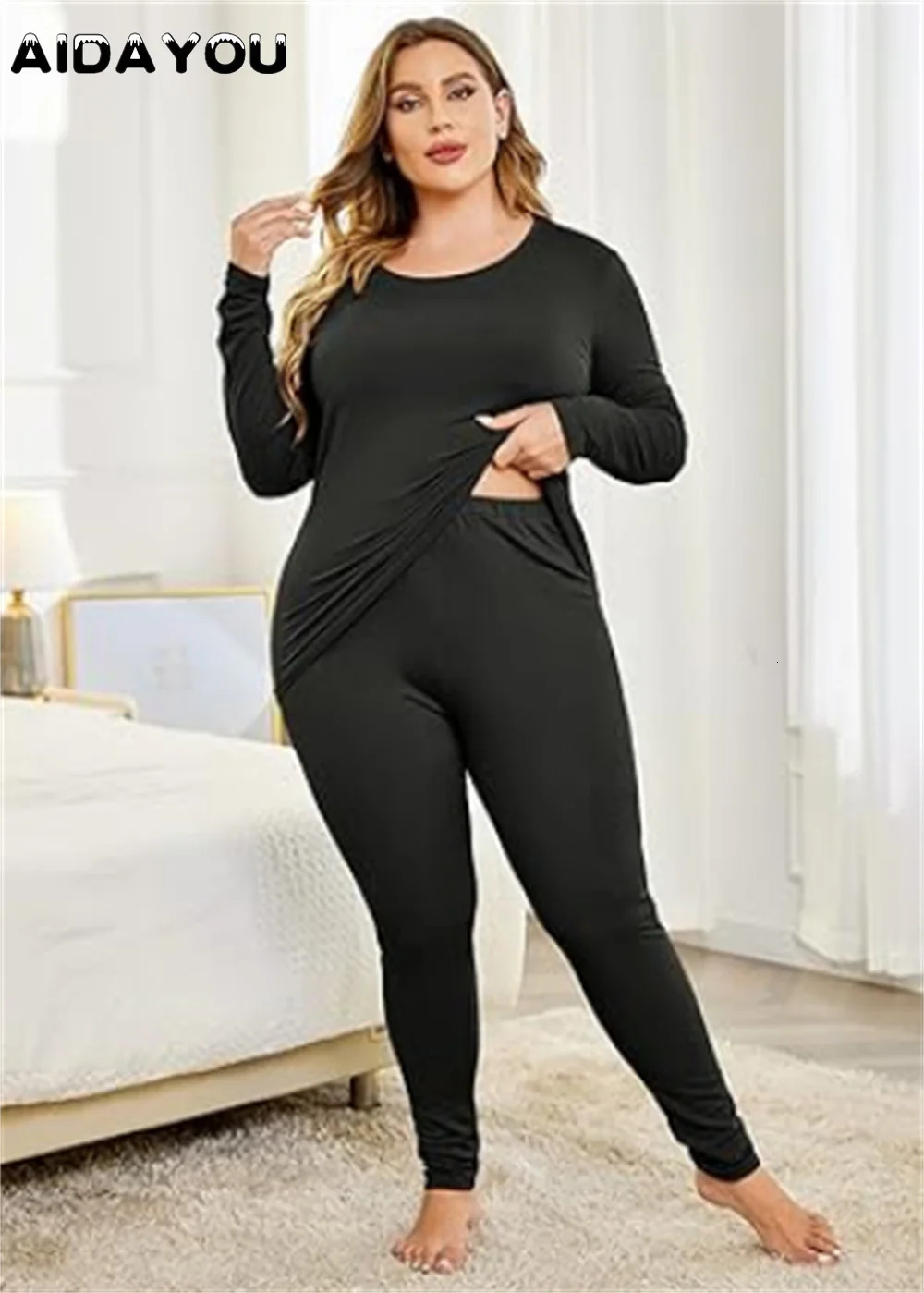 Womens Plus Size Thermal Long Johns Sets Fleece Lined 2 Pcs Underwear Top Bottom Pajama Set 2X 3X 4X 261012