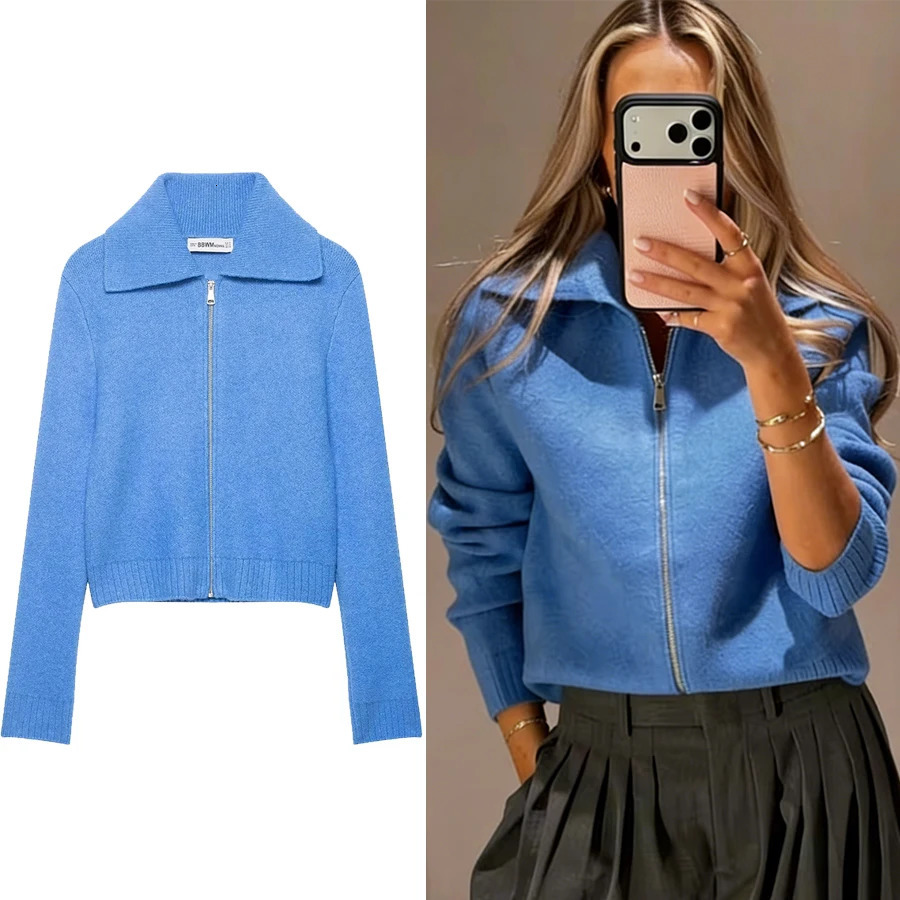 Women Trendy Blue Zipup Knitted Jacket Womens High Street Minimalist Cardigan Female Spring Fashion Elegant Jacket 261016