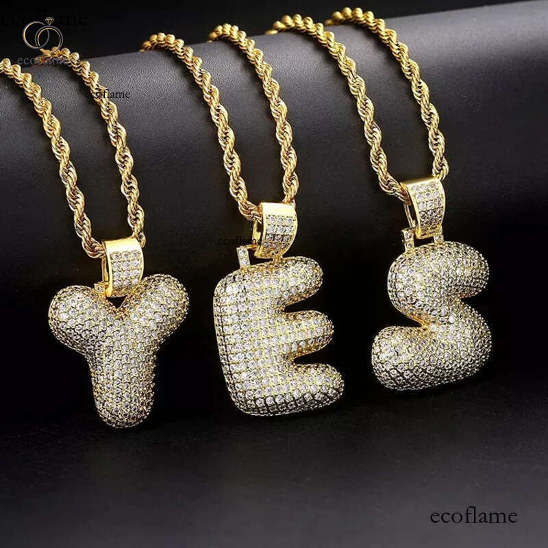Hip Hop Cubic Zirconia A-Z 26 English Capital Letters Pendent Necklace With Stainless Steel Rope Chain Real Gold Plated Dia Letter Necklaces for Men