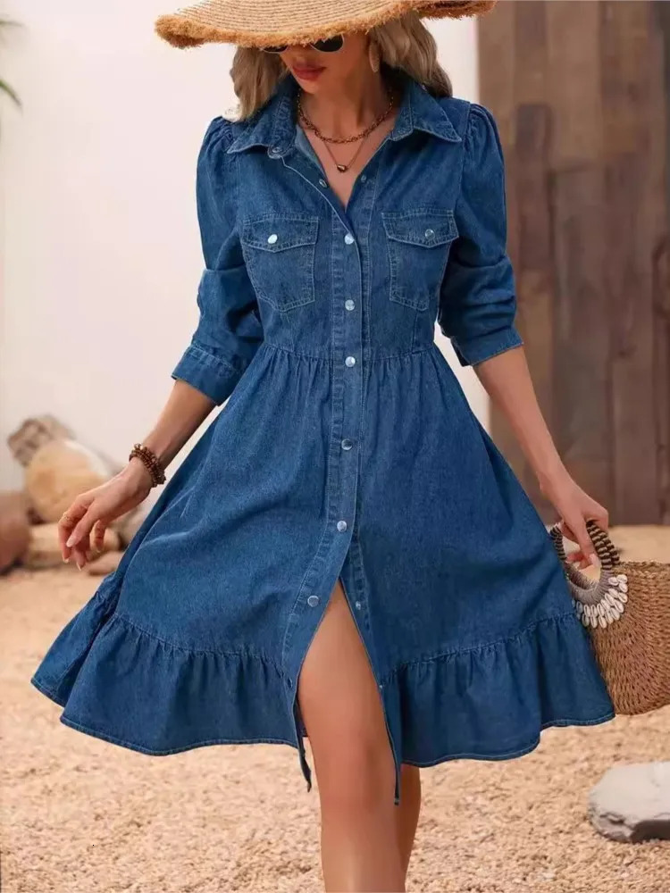 Fashion Ruffle Blue Denim Dress Elegant Button Shirt Midi Female 2025 Spring Summer Casual Dresses Robe Femme 261015