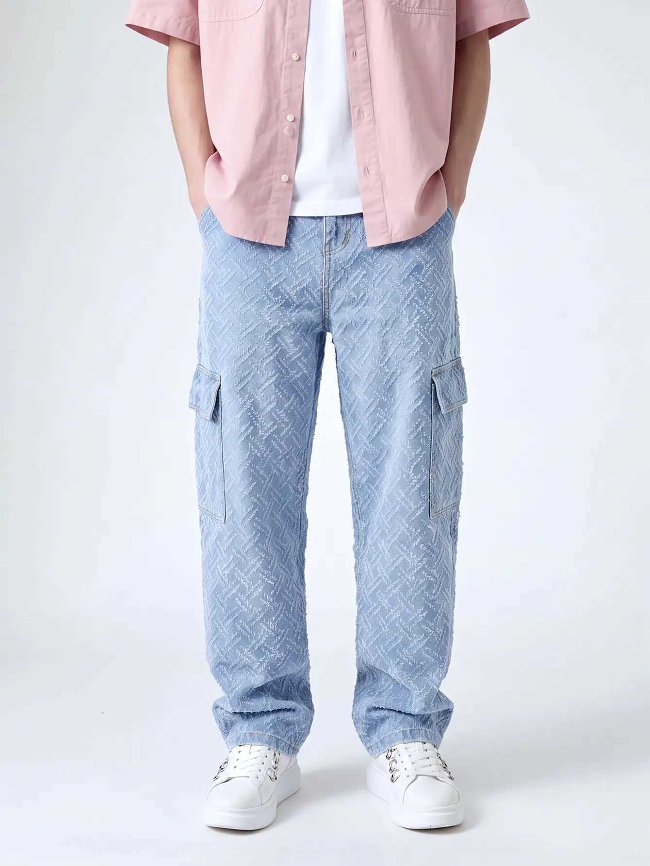 Men's Jeans Men's Light Blue Jacquard Herringbone Workwear Jeans Multi-Pocket Loose Straight-Leg Streetwear Jacquard Denim PantsT261016