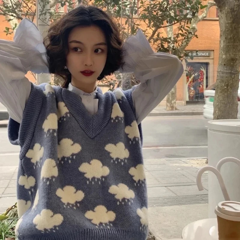 Autumn Sleeveless Cloud Printed Knit Sweater Women Vest Pullover Loose Vneck Knitted Sweaters Top Winter Clothes 15990 261009