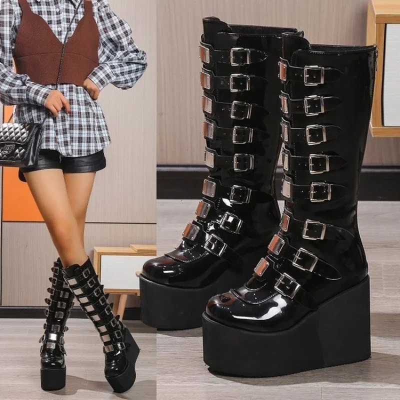 Women's Cosplay High Boots Winter Long Tube Leather Knight Boot Punk Gothic Classic Black High Heel Shoes Knee-High 261016