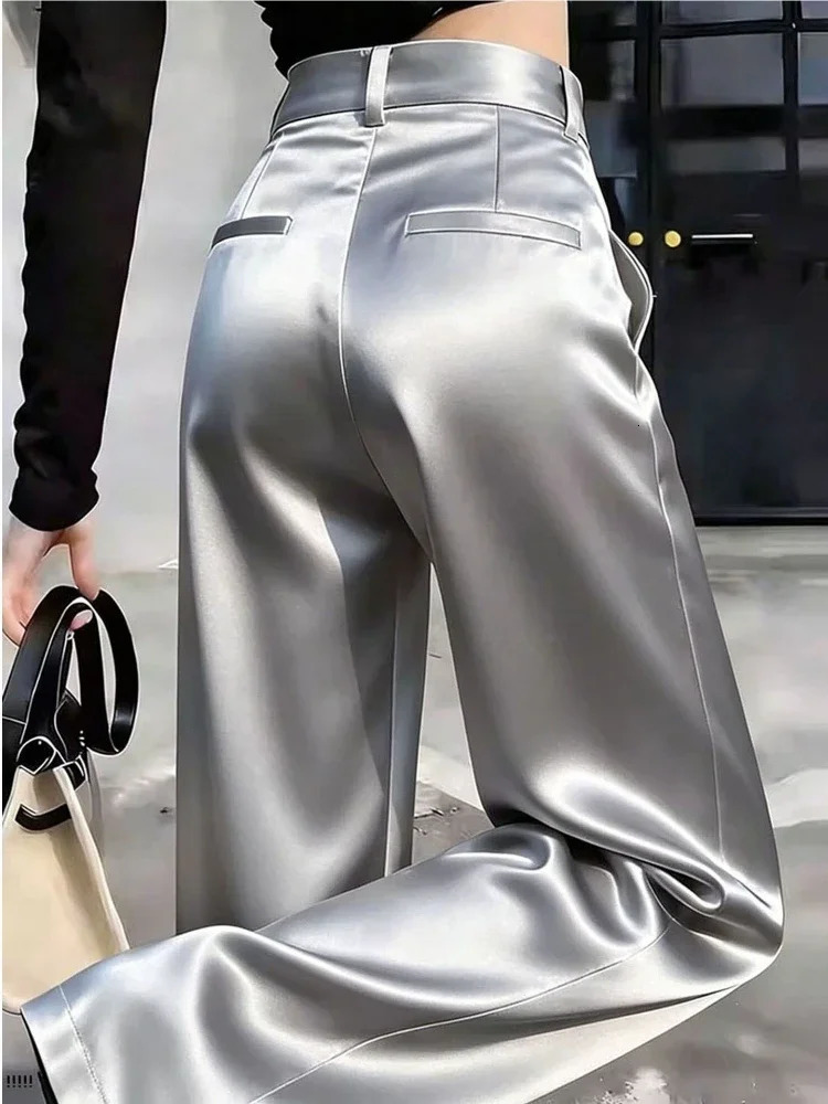 High Waist Satin Wide Leg Pant Elegant White Black Loose Casual Suit Office Lady Fashion Solid Straight Trousers 261015