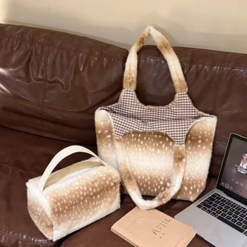 Winter Faux Fur Tote Bag Women Cute Deer Spot Plush Shoulder Bag Large Capacity Casual Commute Shopping Handbag 261016