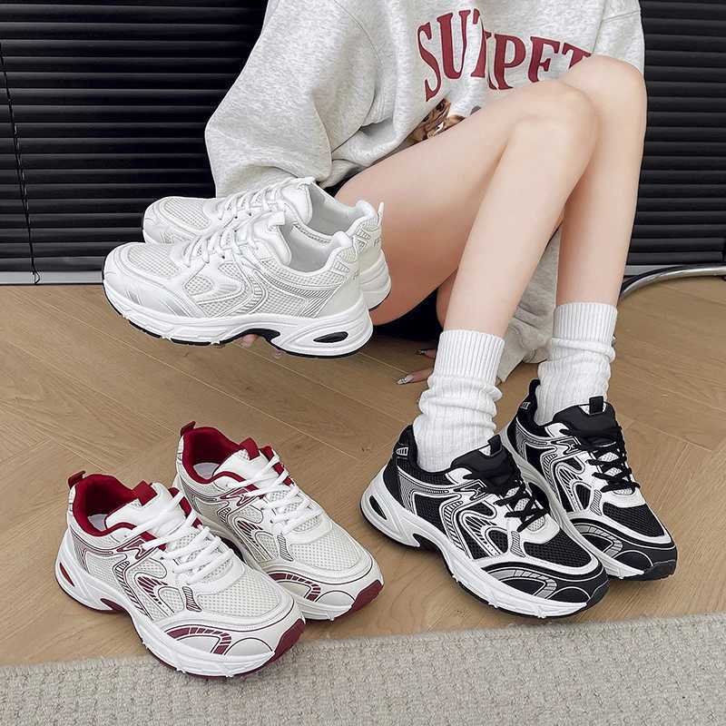Casual Shoes Women Breathable Mesh Chunky Dad Sneakers Round Toe Patch Thick Elevated Shock Absorbing Sole Casual Platform Walking Trainers H261016