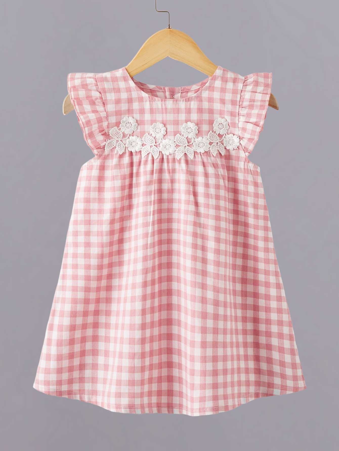 cute Girls pink and white plaid dress - exquisite le flower decoration S261016LPLG