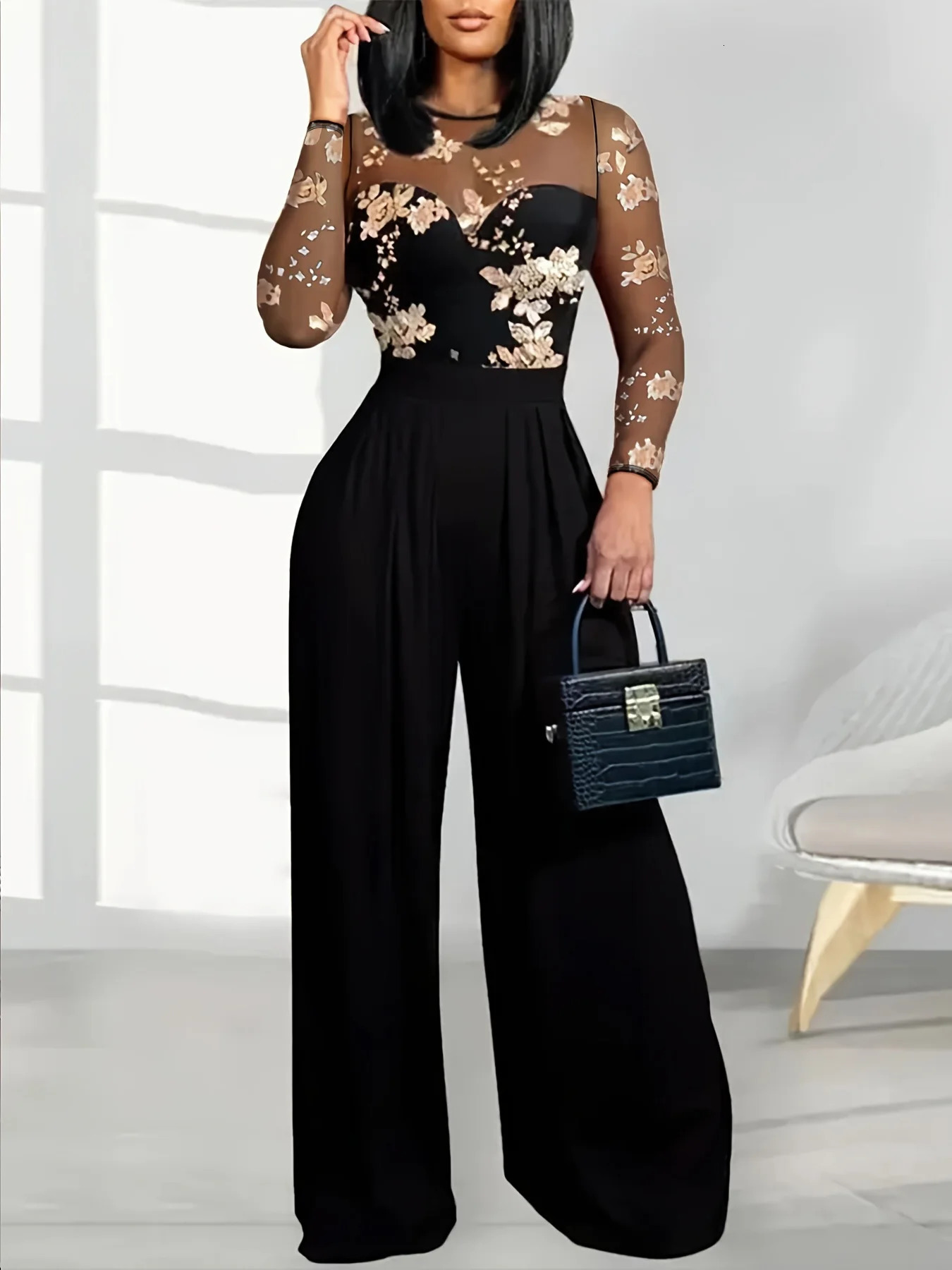 Women's Black Jumpsuit with Sheer Floral Embroidered Top Wide Leg n Ideal for Evening Galas Cocktail Parties Formal Events 261015