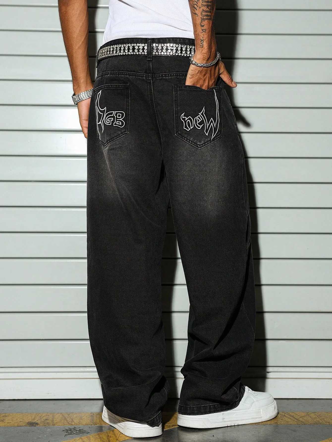 Men's Jeans Men's Washed WideLeg Jeans in Y2K HipHop Street Style Loosefit Trousers with Gothic Letter Embroidery on Back PocketsT261016