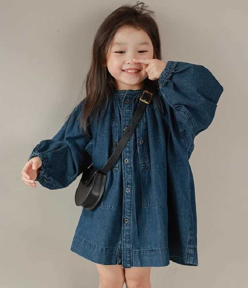 Spring Summer Baby and Girls Cotton Plain Loose Single-Breasted Denim Dress School Kids Sweet Skirt Children Outfit Tops 2-8Yr S26101698PB