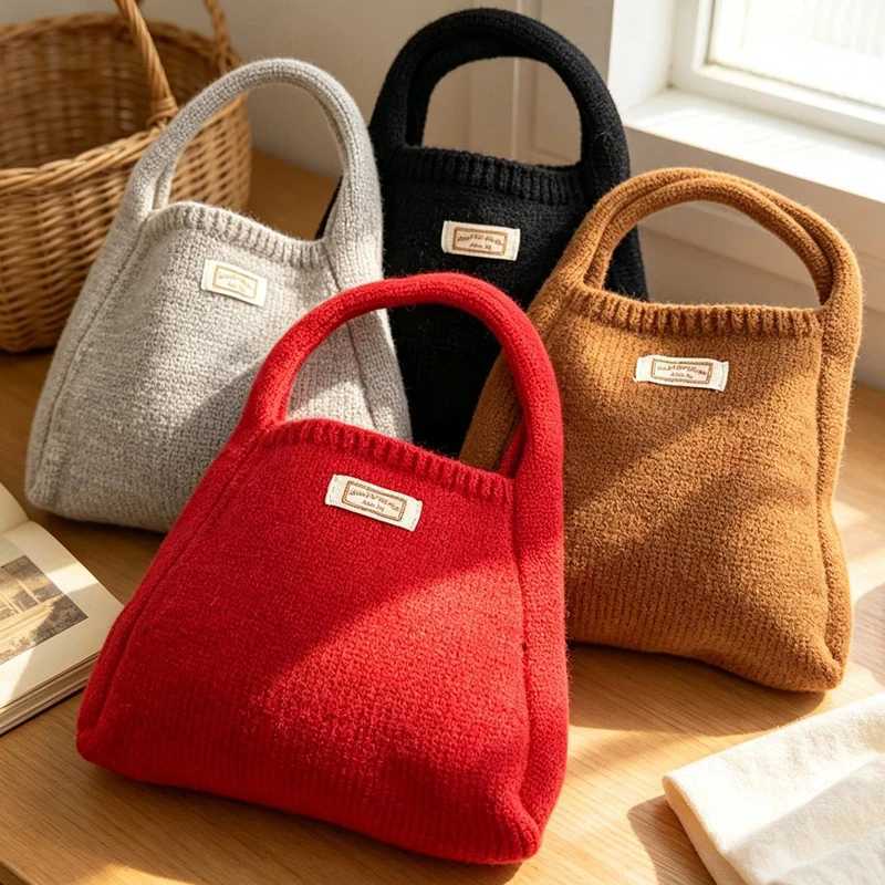 Evening Bags Korean Fashion Knitted Handbag Women Small Square Bag Phone Pouch Knit Tote Wristlet Bag Female Versatile Stylish Cute Handbag H261016