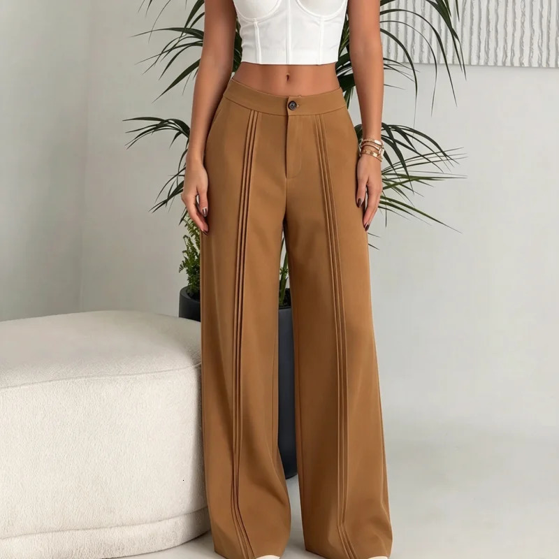 Womens Wide Leg Suit Pants Solid High Waist Front Pleated Elastic Back Loose Draped Long Trousers Office Casual Bottoms 261015