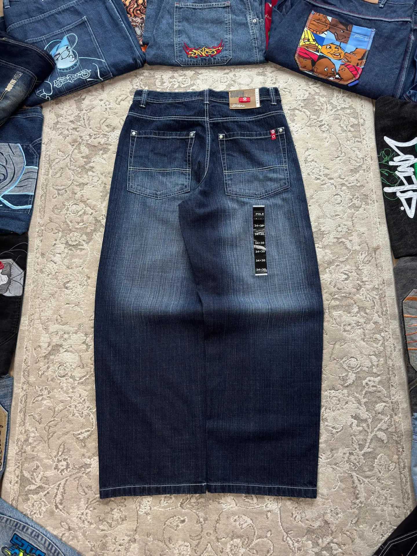Men's Jeans New Retro Blue Gothic Fashion Washed Old Casual Jeans Men Y2K Streetwear Vintage Popular High Waist Baggy Wide-leg PantsT261016