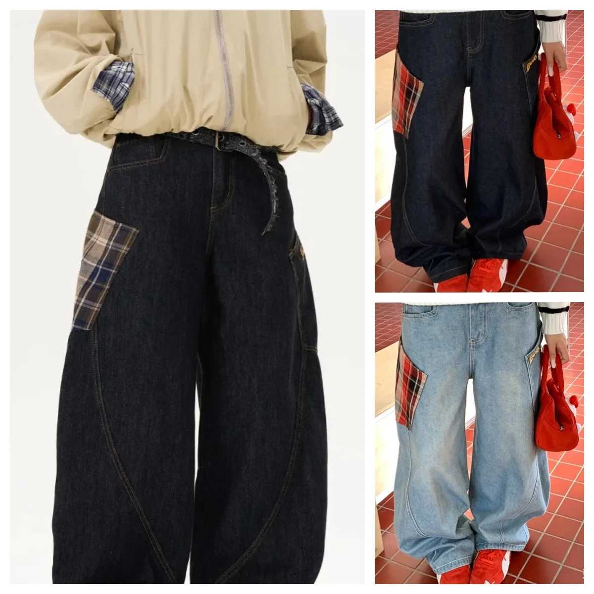 Men's Jeans Retro Autumn Vintage Design Large Pockets Curved Knife Workwear for Men'S High Street Jeans Y2k Wide Leg Pant Scimitar DenimT2
