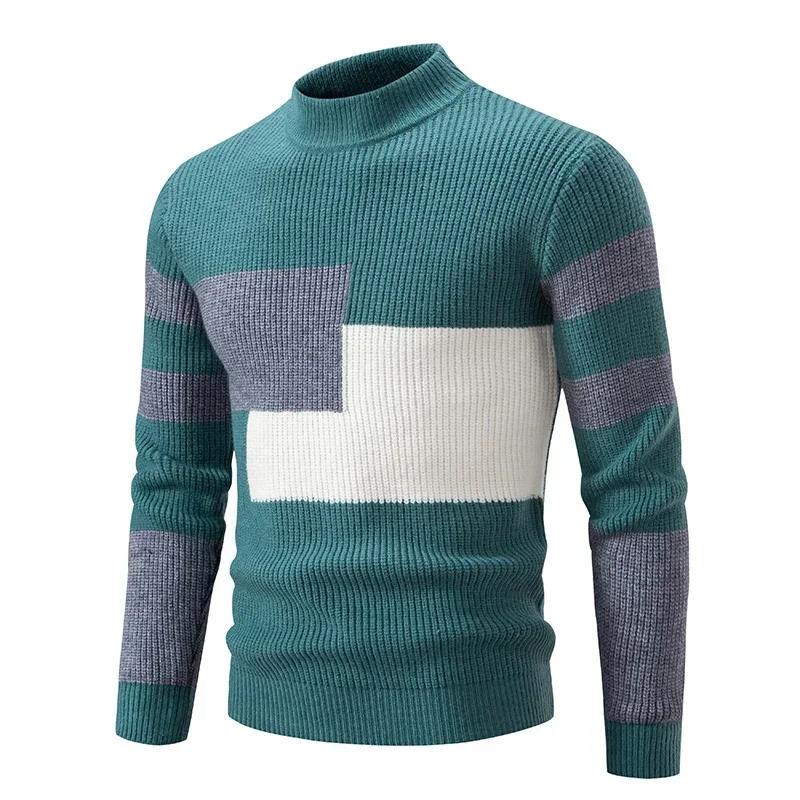 Men's Autumn Winter Mock Neck Pullovers Fashion Patchwork Knitted Warm Sweater Man Slim Fit Casual Knitwear Sweaters Tops 261015