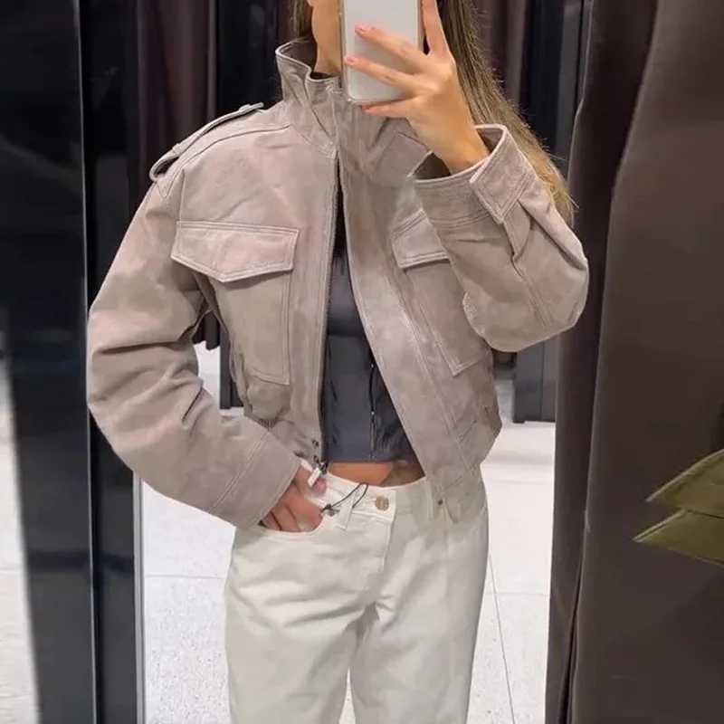 Women Men's Jackets 2026 New Faux Suede Cropped Jacket Stand Collar Zip Up Cargo Coat With Flap Pockets Shoulder Epaulets Vintage Streetwear L