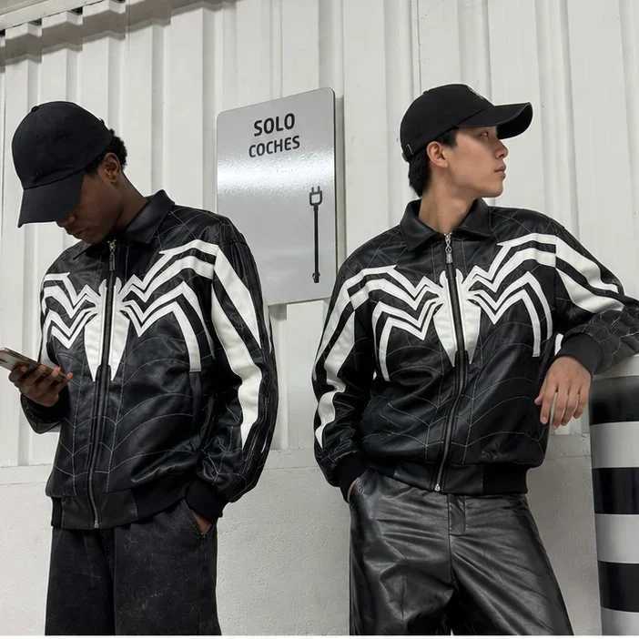 Gothic Y2k Men's Spiderweb Jackets Patchwork Embroidery Coat Men Women Retro Harajuku Hip Hop PU Leather Jacket Streetwear Unisex Boxy Jacket N