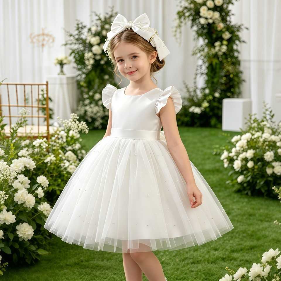 Bow White Elegant Princess Party Gown For Kids Flying Sleeve Mesh Flower Girls Dress For Wedding Evening Birthday Formal Costume S2610164R8W