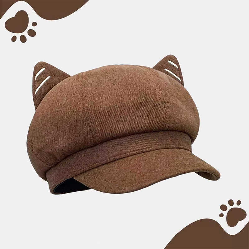 Japanese New Style Cute Woolen Cat Ear Beret For Women Autumn And Winter Duckbill Octagonal Hat S261016CMUU