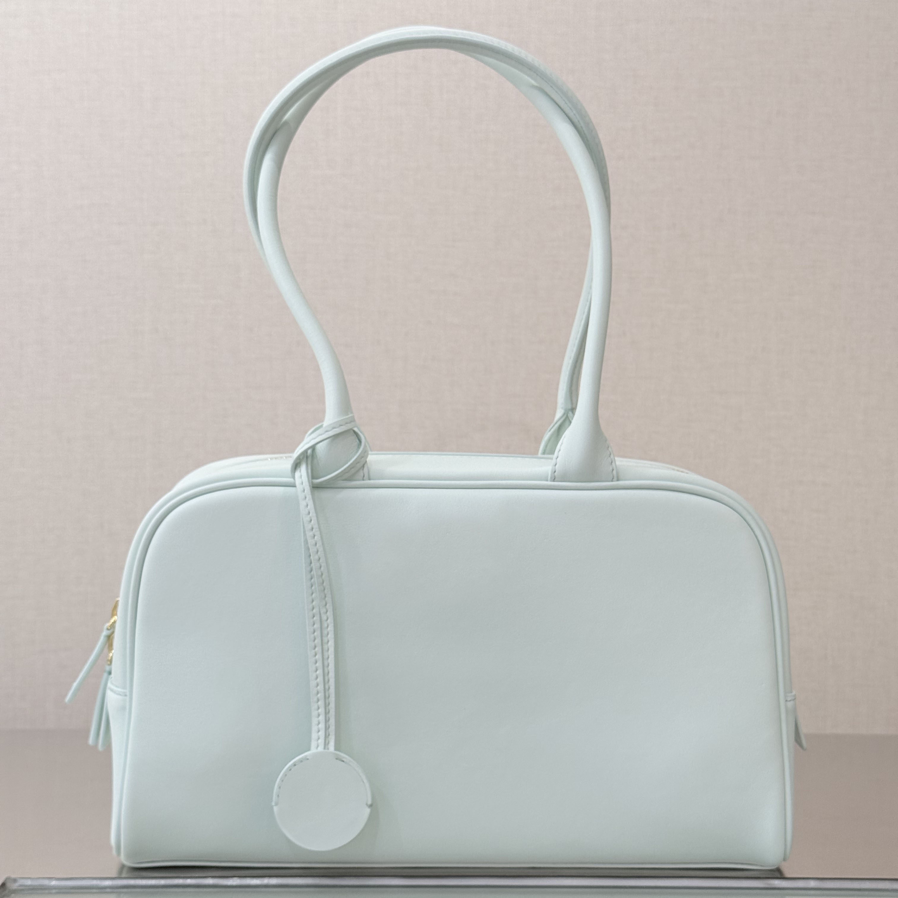 Designer Bag Series Mint Green Smooth Cowhide Small Bowling Handbag, Long Top Handle Shoulder Bag for Daily Outfit, Work, Party & Shopping