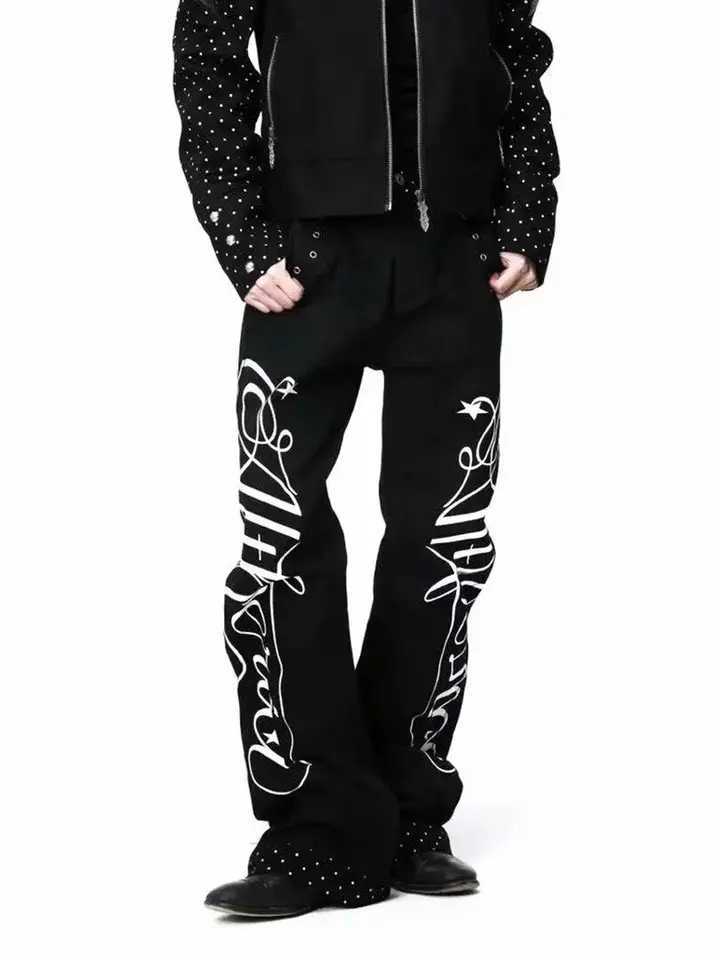 Men's Jeans Autumn Men's Letter Printed Straight-Leg Baggy Jeans Hip Hop Fashion Washed Denim Pantalones American Retro Y2K StreetwearT261