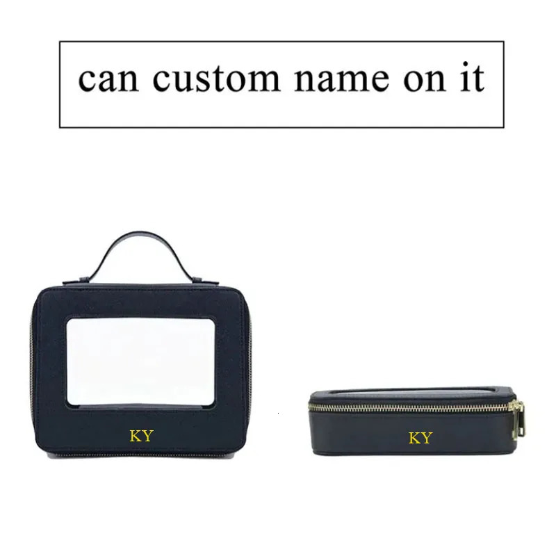 Free customed initial travel cosmetic bag set colorful saffiano leather clear handle tpu makeup 261009
