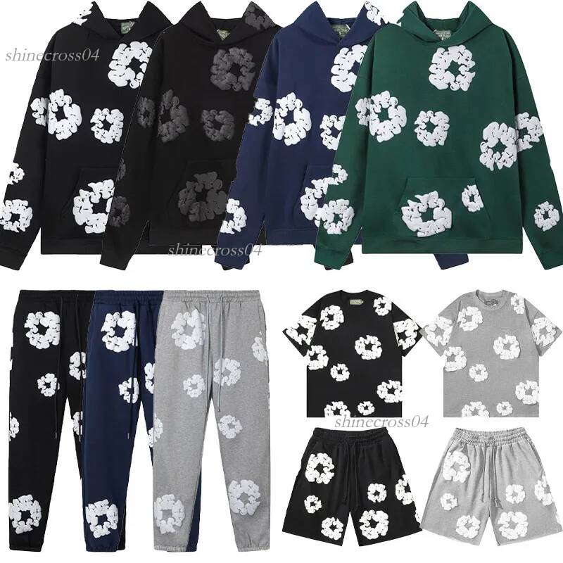 Denim Hoodies designer Wreath Sweatshirt men hoodie fashionable foam printed letters flower jogger casual drawstring pants round neck tracksuit stre