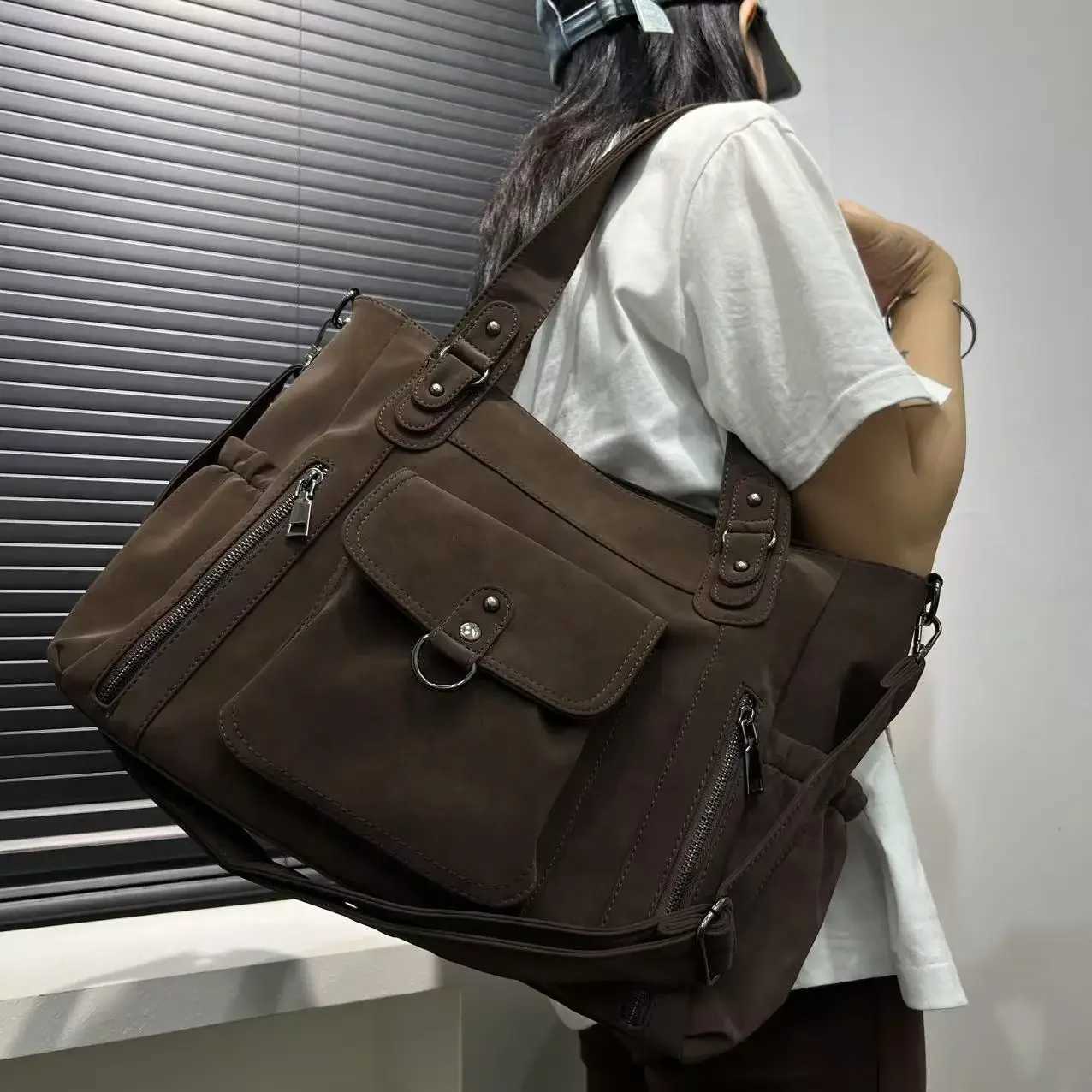 Shoulder Bags Ladies' personalized Y2K spicy girl motorcycle bag street style retro style frosted suede PU handbag - coffee brown X261016