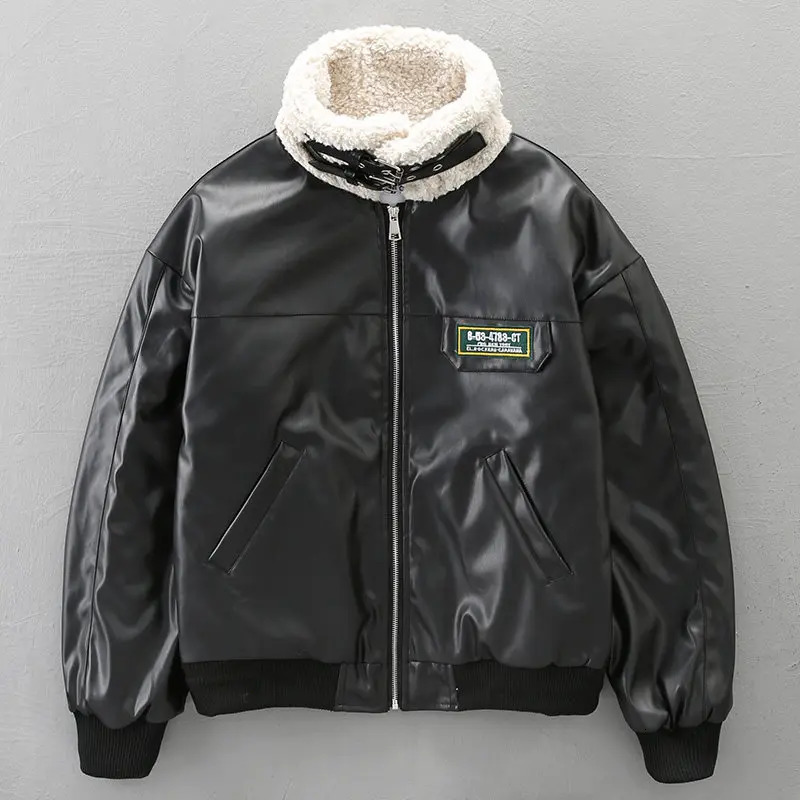High Street Fashionable PU Leather Cotton Jacket Thickened American Loose Motorcycle with Fur Collar Chic 261014