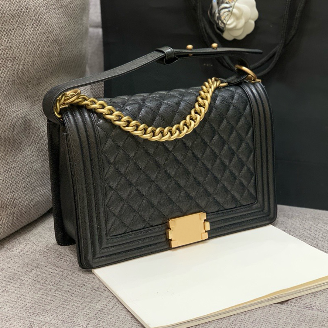 12A 28Boy Women Diamond Quilted Caviar Leather Flap Shoulder Bag Vintage Gold Metal Chain Crossbody Handbag Rectangle Ladies Casual Purse 28cm