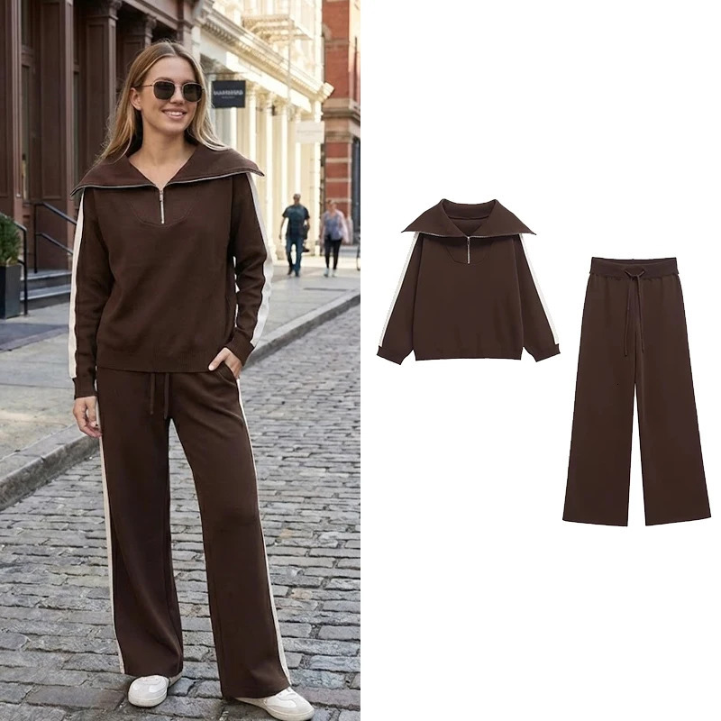 Willshela Women Fashion 2 Piece Set Brown Pullover Sweatshirts Vintage High Elastic Waist Trousers Feamle Chic Lady Pants Sets 261016