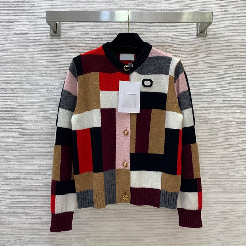 Designer Colorful Block Knit Cardigan Women Vintage Gold Buttons Crew Neck Sweater Coat Autumn Winter Street Vacation Chic Sweaters