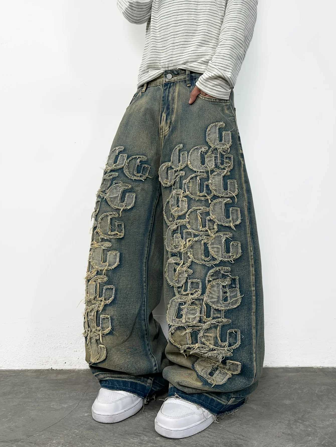 Men's Jeans Men's Jeans Streetwear Retro Wide-Leg Pants Versatile Y2K Letter Embroidery Men's Casual Trousers Suitable For All Season
