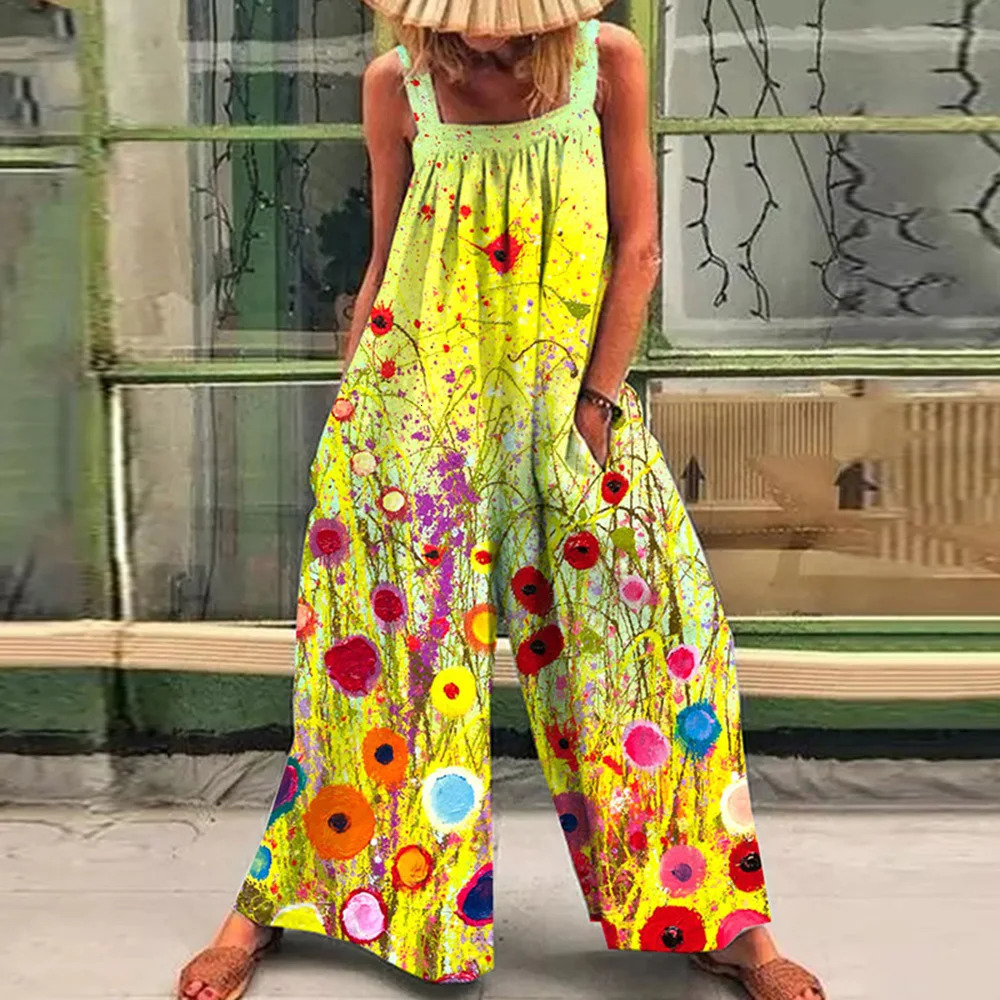 Loose Casual Lazy Wind Oversize Print Suspenders OnePiece Pants 2024 Summer Straps Broad Leg Woman 261015
